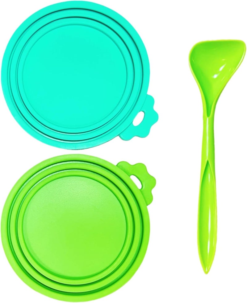 MoPawKT - Silicone Cat Dog Food Can Covers Lids, 3 Inner Diameters 2.6”/3”/3.4” Fit 3-15 oz Standard Cat Dog Food Cans/Tins, Multi-Size Canned Covers, BPA Free, Reusable(box set of 2 lids+1 spoon) - Image 1
